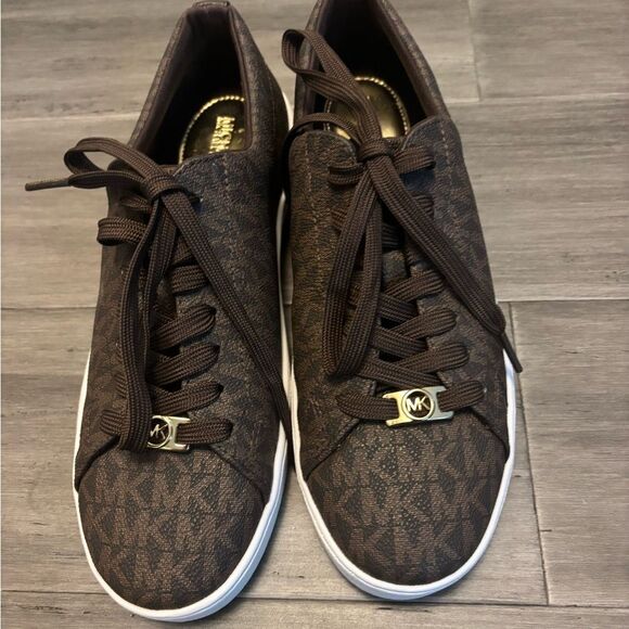 Michael Kors Monogram Logo Lace-Up Sneakers Brown/Gold Size 7.5 - Picture 1 of 9